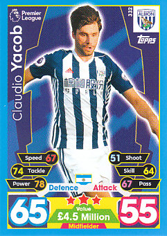 Claudio Yacob West Bromwich Albion 2017/18 Topps Match Attax #332